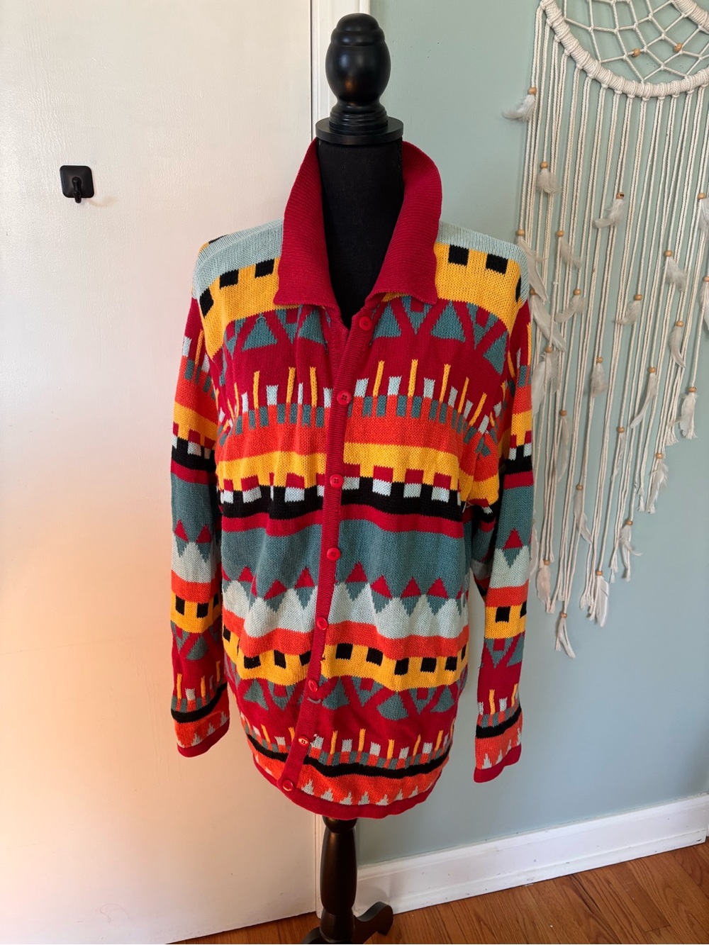 Multicolor Patterned Button-Up Sweater Cardigan 1X